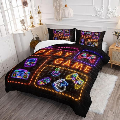 Kids Comforter Set Neon Gamepad Printed Pattern Bedding Set with 1 Comforter and 2 Pillowcases for Girls Boys Bedroom All Season(C-Neon Gamepad Full)
