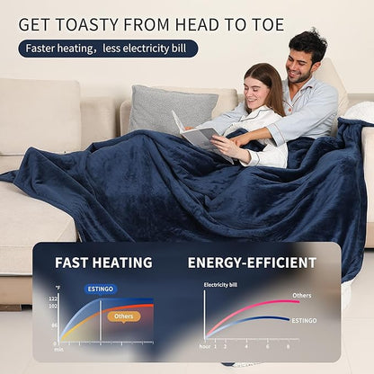 ESTINGO Heated Blanket Electric King Size, Soft Heated Electric Blanket, Washable Plush Heated Blanket with Dual Control 5 Heating Levels & 10 Hours Auto Off, 100" x 90", Navy Blue