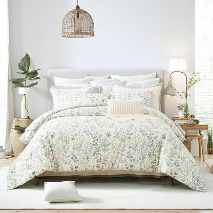 Duvet Cover Queen Size 100% Cotton Comforter Cover Green Floral Breathable Duvet Cover with Zipper Closure & Corner Ties 3 Pcs Green Fragrant Grass Duvet Cover Set