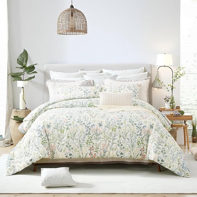 Duvet Cover King Size 100% Cotton Comforter Cover Green Floral Breathable Duvet Cover with Zipper Closure & Corner Ties 3 Pcs Green Fragrant Grass Duvet Cover Set