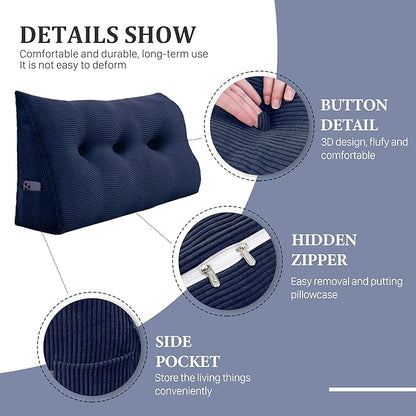 11 lbs Thickened Wedge Pillow Headboard Body Positioner Triangular Reading Pillow Bed Bolster Pillow for Sitting in Bedwith Removable Cover Gift for Mom Backrest Cordury Blue Queen