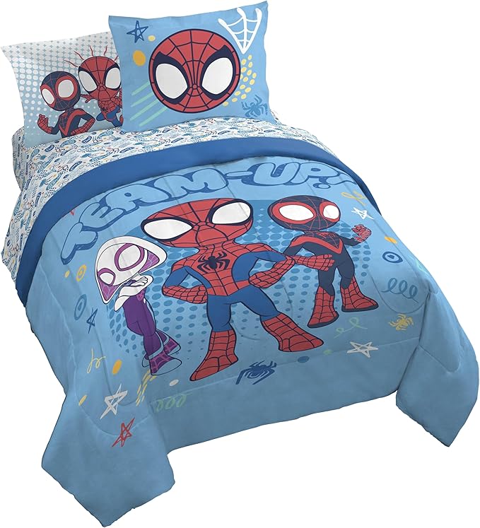 Jay Franco Kids Comforter Set Includes Sheets and Pillow Covers - Soft and Cozy Bed Set for Stylish Room Decor, Light Blue - Spidey & His Amazing Friends, 7 Piece Queen Bedding