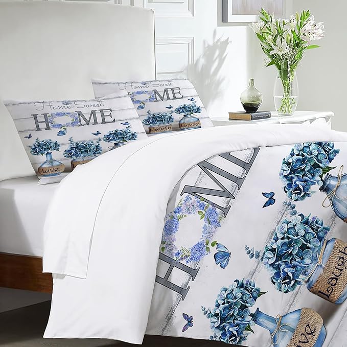 Navy Hydrangea Theme 3 Pieces Duvet Cover Comforter Set with 2 Pillowcase Full Size Blue Floral Bed Sheet Quilt Bedroom Bedding for Lover Kids