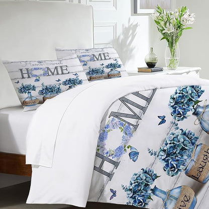 Navy Hydrangea Theme 3 Pieces Duvet Cover Comforter Set with 2 Pillowcase King Size Blue Floral Bed Sheet Quilt Bedroom Bedding for Lover Kids
