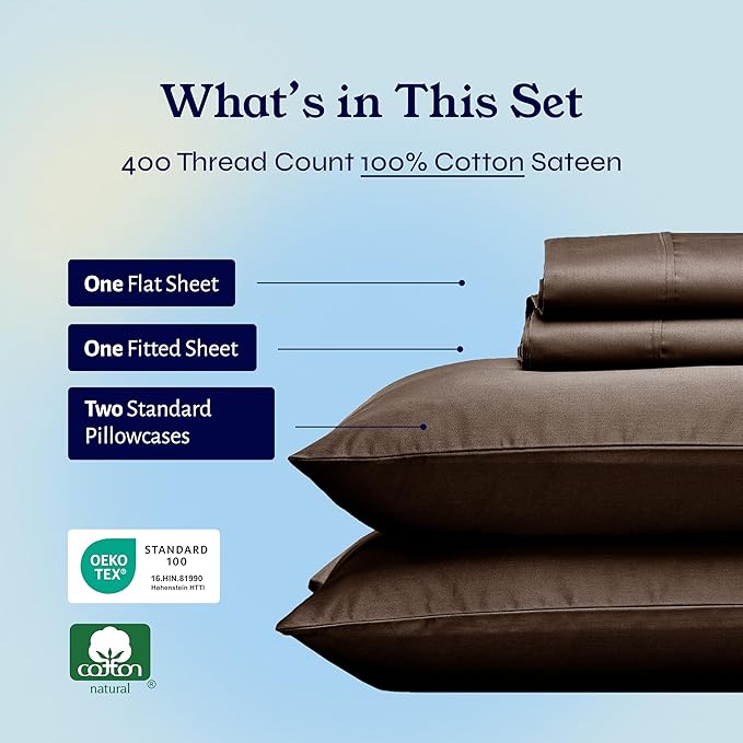 California Design Den Full Size Bed Sheets Set - Soft 400 Thread Count Sateen, Natural 100% Cotton Sheets with Deep Pockets, Breathable, and Durable Bedding Set - Espresso Chocolate Brown