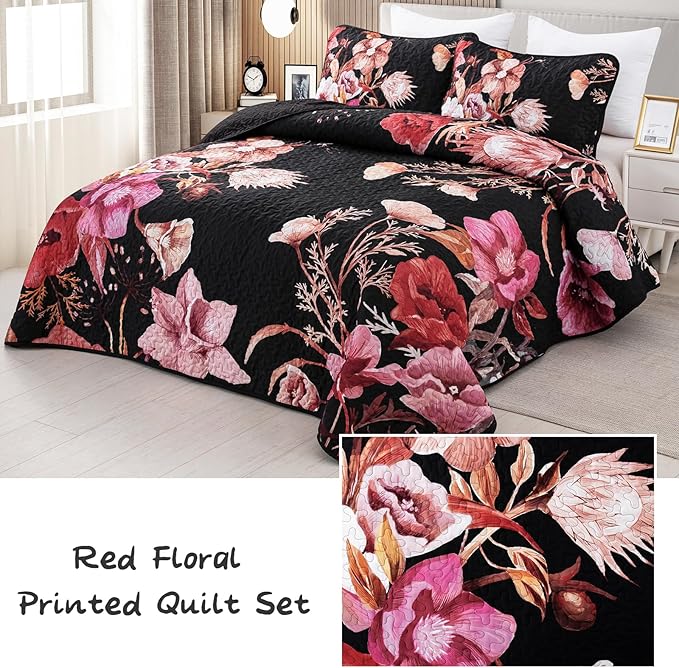 Floral Quilt Set King 3 Pieces Red Floral Quilt Coverlet Set Soft Microfiber Lightweight Black Quilted Bedspread for All Season 104"x90"