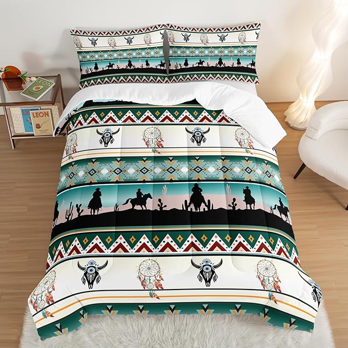 HOSIMA Western Bedding Comforter Sets,Longhorn Skull Dream Catcher Boho Bedding Bed in a Bag Full Size for Adults Kids Cowboy Western Decor,Geometric Multicolor Teal Comforter Full Size.