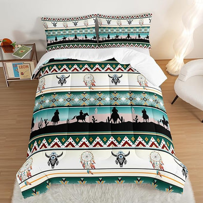HOSIMA Western Bedding Comforter Sets,Longhorn Skull Dream Catcher Boho Bedding Bed in a Bag Full Size for Adults Kids Cowboy Western Decor,Geometric Multicolor Teal Comforter Full Size.