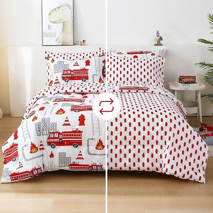 Mooreeke Kids Full Comforter Sets for Boys 8 Pieces Fire Truck White Bedding Set for Teens Soft Microfiber Kids Bed in A Bag with Comforter, Sheet Set, Shams and Decorative Toy Pillow All Season