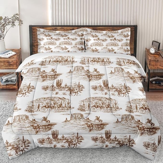 Twin Size Comforter Set with Pillowcase, American Desert Cowboy Horse Soft 2 Pcs Bedding for Kids and Adults, Western Country Vintage Comforter Set for Room Bedroom Bed Decor