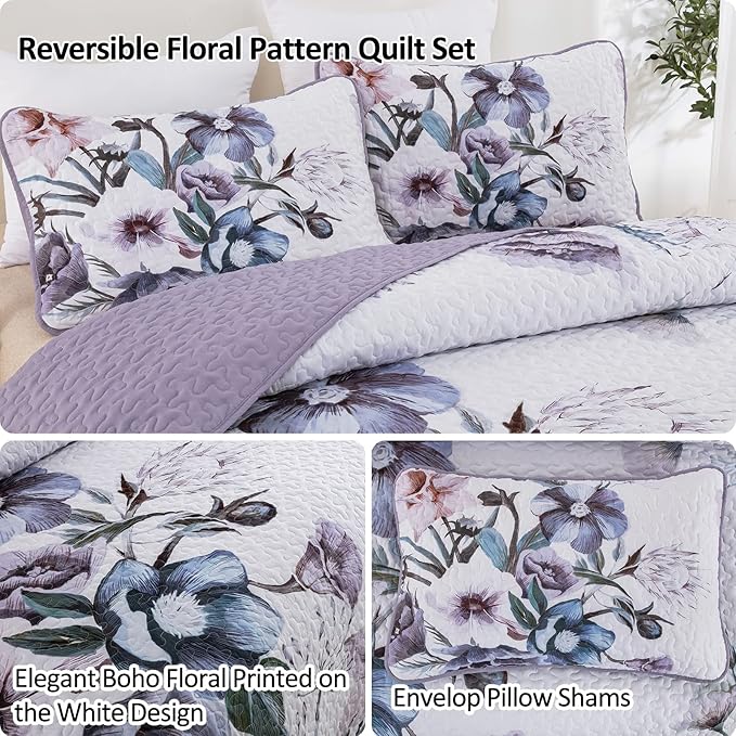 Drucon Purple Floral Quilt Set Queen Size 3 Pieces Purple Botanical Flower Quilt Coverlet Set Soft Microfiber Lightweight Quilted Bedspread for All Season 90"x96"