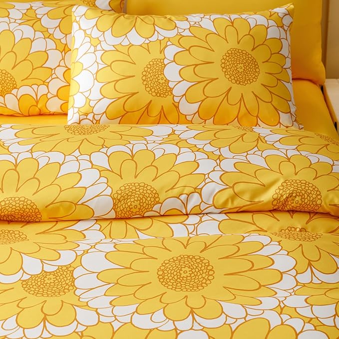 Wellboo Yellow Sunflower Comforter Sets Queen Boho Yellow Floral Bedding Set Cotton Women Girls White and Yellow Botanical Quilt Summer Floral Comforter Large Flower Plant Blankets Garden Bohemian Bed