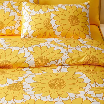 Wellboo Yellow Sunflower Comforter Sets Queen Boho Yellow Floral Bedding Set Cotton Women Girls White and Yellow Botanical Quilt Summer Floral Comforter Large Flower Plant Blankets Garden Bohemian Bed