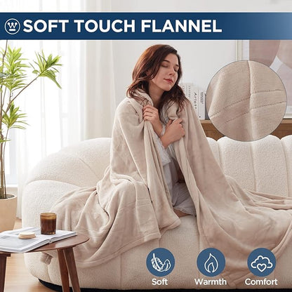 Westinghouse Electric Blanket Heated Throw, Super Cozy Soft Flannel 50"" x 60"" Heated Throw with 6 Fast Heating Levels & 2-10 Auto-Off, Machine Washable, ETL&FCC Certification, Home Office Use, Beige