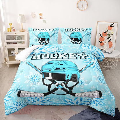Blue Ice Hockey Comforter 3Pcs Queen Hockey Sports Event Snowflake Bedding Set for Kid Teen Girl Boy Adult Winter Sports Games Hockey Helmet Quilt Bed Decor with 1 Comforter and 2 Pillowcases