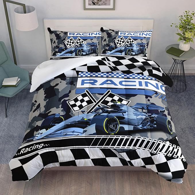 AILONEN Racing Car Comforter Set Twin Size, Racing Plaid Patterns with Cool Speed Race Car Bedding Set for Kids Boys Girls Teens Bedroom,3 Pieces,1 Quilt and 2 Pillowcases,Soft,Breathable