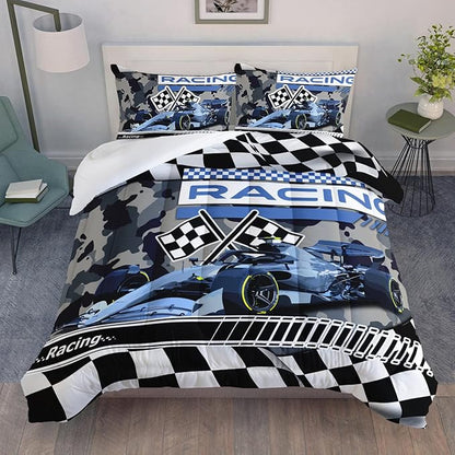 AILONEN Racing Car Comforter Set Twin Size, Racing Plaid Patterns with Cool Speed Race Car Bedding Set for Kids Boys Girls Teens Bedroom,3 Pieces,1 Quilt and 2 Pillowcases,Soft,Breathable