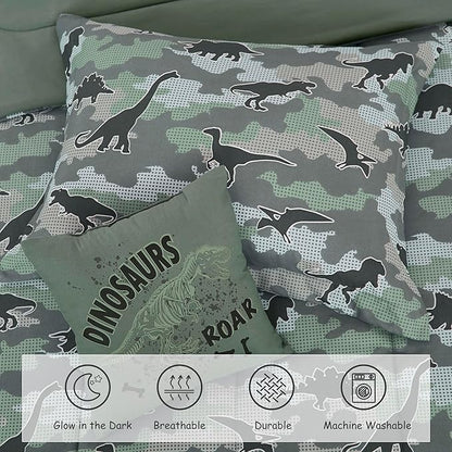 Twin Comforter Set for Boys-3 Pieces Dinosaur Glow in The Dark Twin Bedding Sets for Kids,1 Comforter,1 Sham and 1 Decor Pillow