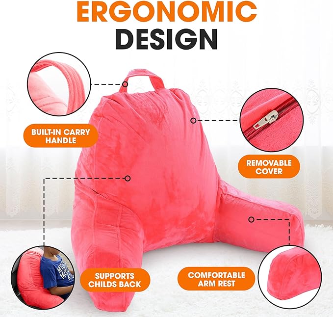 Cheer Collection Reading Pillow with Arms – Portable Bed Pillow for Sitting Up & Support, Hollow Fiber-Filled Back Rest Pillow for Sitting in Bed & Couch, Machine Washable, Hot Pink (Small)