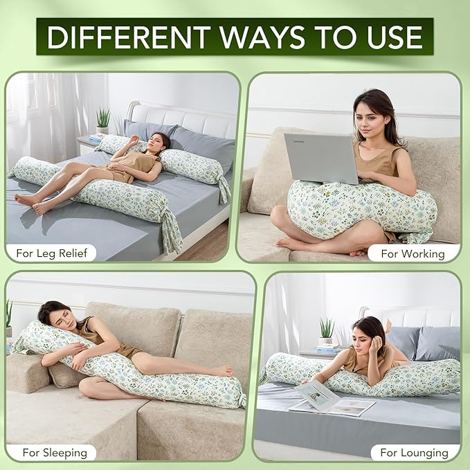 Full Body Pillow for Adults- Candy Long Round Bolster Pillow with Removable Floral Pillowcase, Adjustable Height, Firm Support for Side Sleeping, Pregnant Women, Washable,7.87"x55"