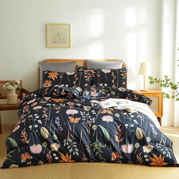 Floral Duvet Cover California King Size Black Duvet Cover Set with Pink Floral Colorful Botanical Yellow Butterfly 3D Printed Comforter Cover 3 Pcs Soft Microfiber Bedding Set with Zipper Ties