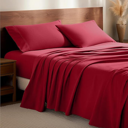 Bare Home Flannel Sheet Set 100% Cotton Twin Extra Long, Velvety Soft Heavyweight - Double Brushed Flannel - Deep Pocket (Twin XL, Red)