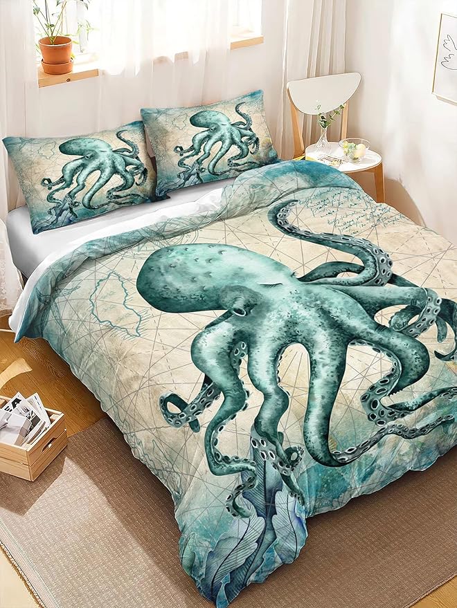 CVHOUSE Octopus Duvet Cover Queen Size,Sea Animal Mediterranean Style Design Bedding Set,Ocean Comforter for Kids Teens,1 2 Pillowcases 3 Piece Queen 89'x89'