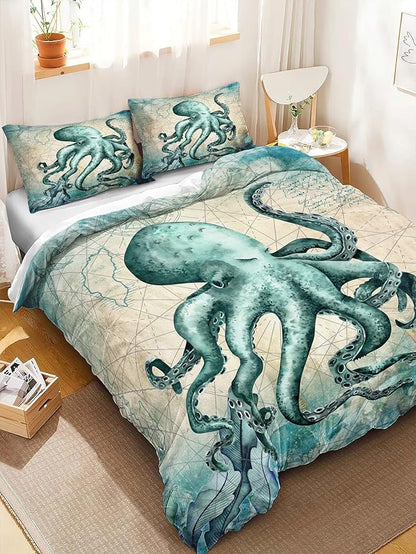 CVHOUSE Octopus Duvet Cover King Size,Sea Animal Mediterranean Style Design Bedding Set,Ocean Octopus Comforter Cover for Kids Teens,1 Duvet Cover 2 Pillowcases 3 Piece