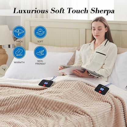 Westinghouse King Size Heated Blanket, Soft Flannel to Sherpa Reversible Electric Blanket King Size with 10 Heating Levels & 1-12 Hours Auto Shut Off, Machine Washable, (100" x 90", Beige)