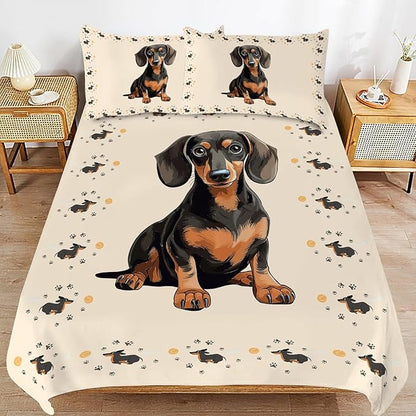 Dachshund Bedding Set Puppy Daschund Animal Theme Comforter Set Covers for Kids Girls Women Wiener Dog Duvet Cover Bedroom Decor Soft Queen Size Quilt Cover with 2 Pillowcases