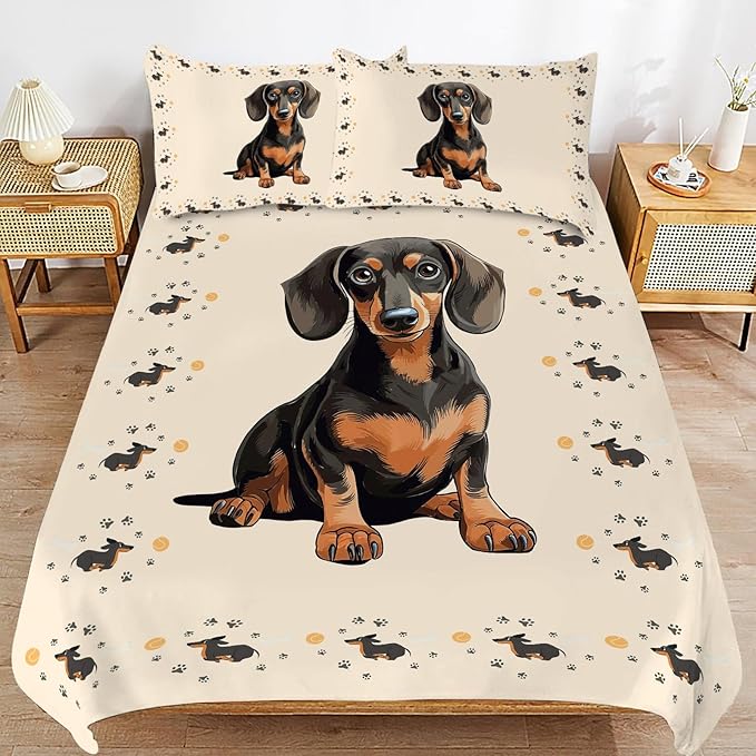 Dachshund Bedding Set Puppy Daschund Animal Theme Comforter Set Covers for Kids Girls Women Wiener Dog Duvet Cover Bedroom Decor Soft King Size Quilt Cover with 2 Pillowcases