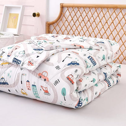 JSD Car Kids Comforter Set Full Size, 3 Piece Printed Microfiber Comforter with Pillow Sham, Lightweight All Season Washable