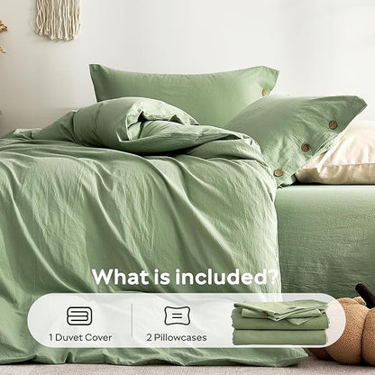 JELLYMONI 100% Washed Cotton Duvet Cover King – Soft, Breathable Linen-Look Bedding with Natural Wrinkle Texture, Button Closure, 3-Piece Set (Mint Green, 104"x90")