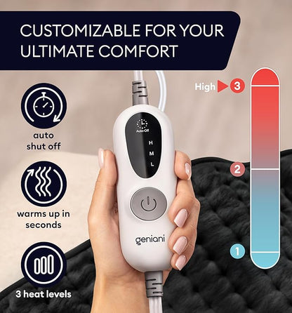 GENIANI XL Electric Heating Pad for Back Pain & Cramps Relief, Electric Throw, Birthday Christmas Gifts for Women, Men Auto Shut Off, Machine Washable, Heat Pad for Neck & Shoulder (12"x24" Jet Black)
