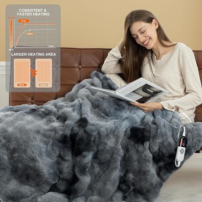 Faux Fur Electric Throw Blanket for Couch - 50"X60" Bubble Faux Fur Heated Blanket Fluffy Fuzzy Soft Thick with 6 Fast Heating Levels & 4 hrs Timer Settings, Washable & ETL Certified, Tie-Dye Blue