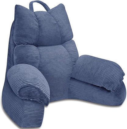 RRPAHWTV Reading Pillow for Bed with High Arm Rests ,Back Support Pillow for Sitting Up in Bed with Shredded Memory Foam for Reading, TV, Gaming or Relaxing on Floor（Dark Blue, Large）