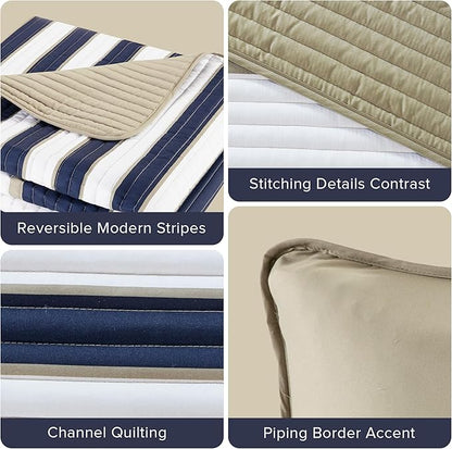 Comfort Spaces Quilt Set Trendy Casual Fun, Vibrant Color Design, Hypoallergenic All Season, Lightweight Coverlet Bedspread Cozy Kids Bedding & Sham Full/Queen Verone White Blue Stripe 3 Piece