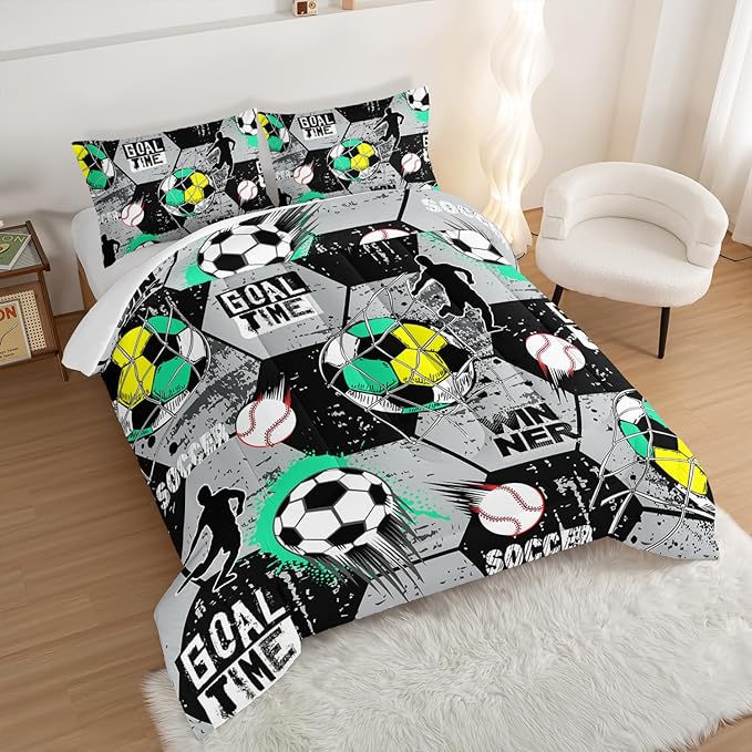Soccer Bedding Comforter Set Queen Size,Football Baseball Printing Ball Gamer Bedding Set,Sports Themed Room Decor for Teens Boys,Gray Black Hexagonal Pattern Comforter Set with 2 Pillowcases.
