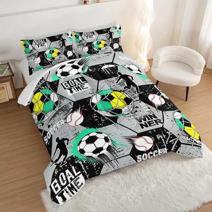 Soccer Bedding Comforter Set King Size,Football Baseball Printing Ball Gamer Bedding Set,Sports Themed Room Decor for Teens Boys,Gray Black Hexagonal Pattern Comforter Set with 2 Pillowcases.