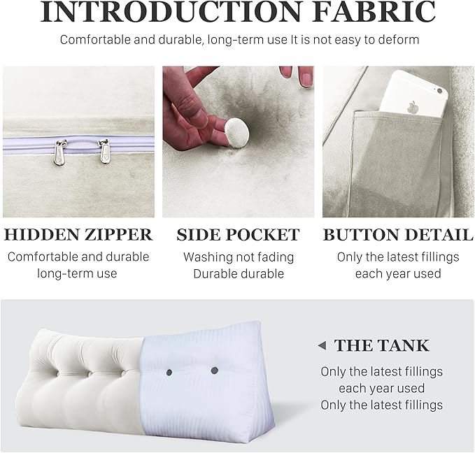 10 lbs Thickened Full Headboard Pillow for Sitting Up in Bed, Back Support Reading Pillow with Side Pocket and Velvet Removable Cover, Triangular Large Wedge Headboard Pillow