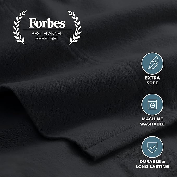Bare Home Twin Flannel Sheet Set 100% Cotton, Velvety Soft Heavyweight - Double Brushed Flannel - Deep Pocket (Twin, Black)