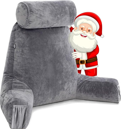 Husband Pillow Medium Dark Grey, Backrest for Kids, Teens, Petite Adults - Reading Pillows with Arms, Adjustable Loft, Plush Memory Foam, Bed Rest Chair Sitting Up, Detach Neck Roll, Removable Cover
