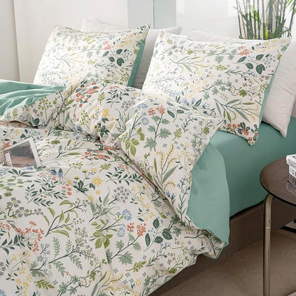Duvet Cover Queen Size Floral 100% Brushed Microfiber Chic Flower Branches Pattern Bedding Set 3 Pieces for All Seasons, 1 Duvet Cover and 2 Pillowcases with Zipper Closure (Floral, Queen)