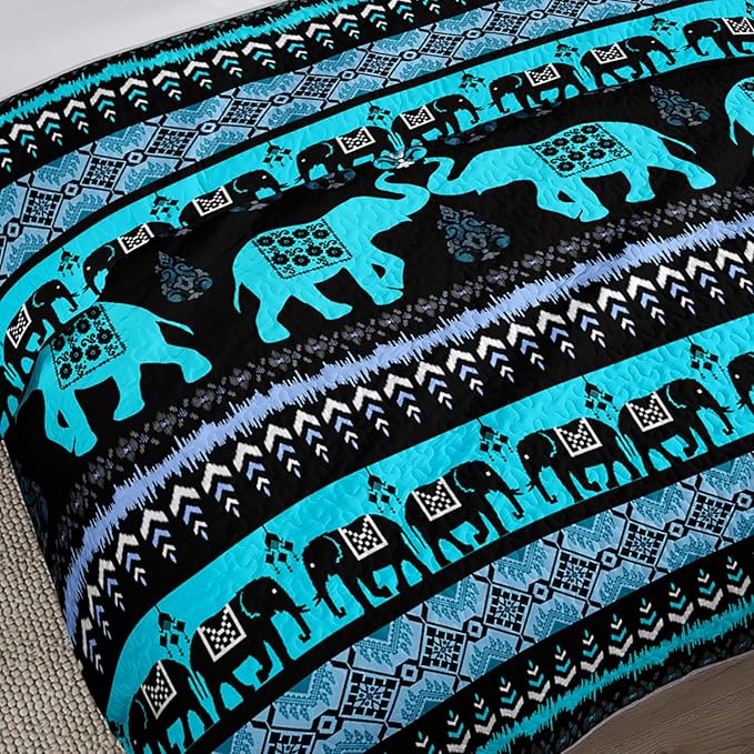 Blue Elephant Queen Quilted Bedding Sets,Boho Style Bedding Summer Quilt for Adults Kids,Soft Lightweight Exquisite Quilted Sets with 2 Pillowcases.