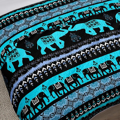 Blue Elephant King Quilted Bedding Sets,Boho Style Bedding Summer Quilt for Adults Kids,Soft Lightweight Exquisite Quilted Sets with 2 Pillowcases.