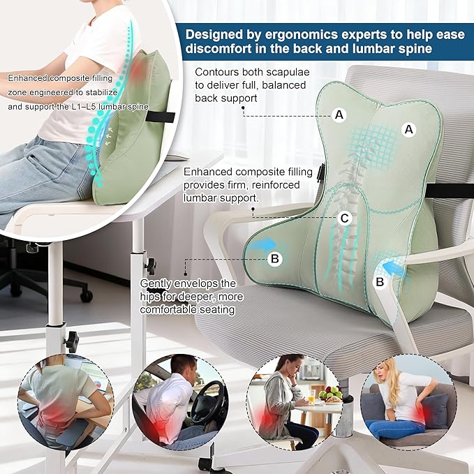 Ergonomic Lumbar Support Pillow – Multi-Functional Back Cushion with Firm Support for Reading, Working & Driving,Celadon Green