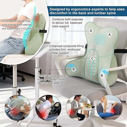 Ergonomic Lumbar Support Pillow – Multi-Functional Back Cushion with Firm Support for Reading, Working & Driving,Celadon Green