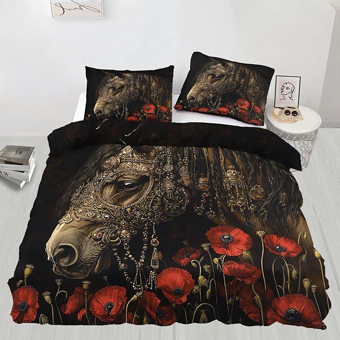Horse Duvet Cover Oversized King Vintage Rural Horse Bedding Set Bedroom Decor Red Poppy Flowers Comforter Cover and 2 Pillow Sham with Zipper Closure
