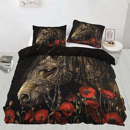 Horse Duvet Cover Oversized King Vintage Rural Horse Bedding Set Bedroom Decor Red Poppy Flowers Comforter Cover and 2 Pillow Sham with Zipper Closure