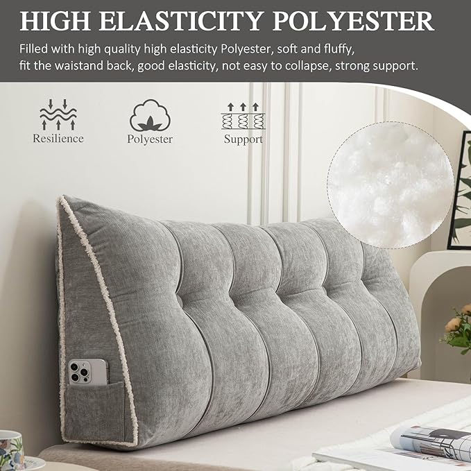 Headboard Pillow Queen, Chenille Triangular Wedge Pillow Headboard Queen Size, Reading Setting Backrest Daybed Pillows for Sofa Bed with Removable Cover, Grey
